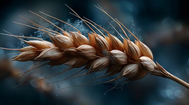 Golden wheat grain overgrown with bioluminescent fungal network
