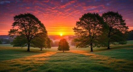 Naklejka premium Vibrant Sunset Over Lush Green Field with Silhouetted Trees.
