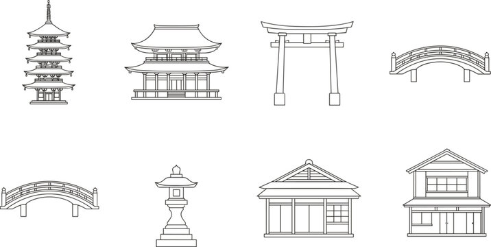 Title
Set of Traditional Japanese Architectural Icons Featuring Pagodas Torii Gates Arched Bridges and Zen Garden Stone Lanterns in Minimalist Line Art Style
