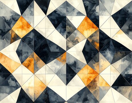 Interlocking equilateral triangles geometric pattern in navy and orange watercolor