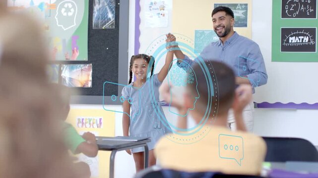 Teacher walking up, raising and holding girl's hand in classroom, blue HUD overlay showing praise
