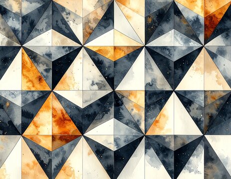 Abstract geometric triangle pattern in grey orange and white watercolor