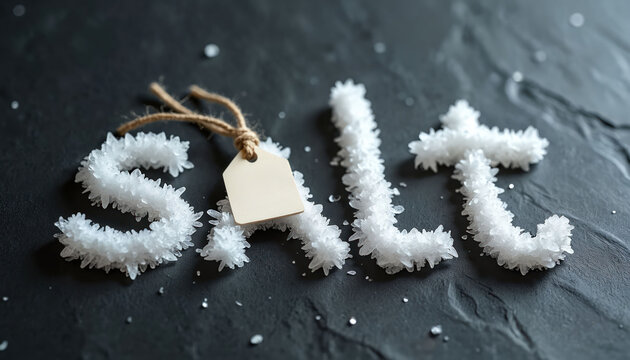 Word salt made of crystal sea salt on dark slate. Blank tag tied with twine rests on letter S. Fine granular texture sparkles, food ingredient detail.