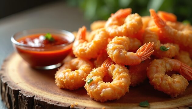 Golden crispy fried shrimp are served on a wooden board. A glass bowl holds tomato dipping sauce. Fresh seafood appetizer is ready for eating.