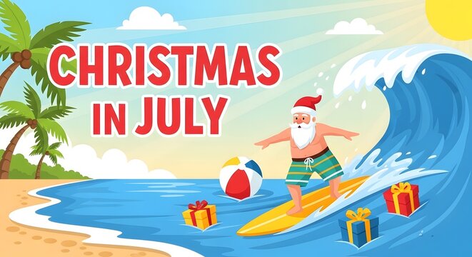 Santa Claus Surfing on Ocean Wave at Tropical Beach for Christmas in July