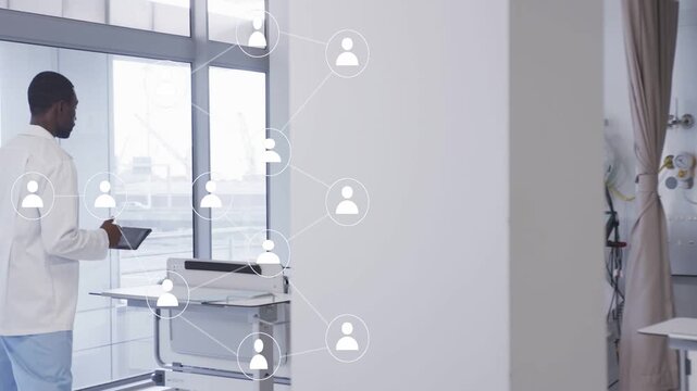 Vertical video: Doctor raising tablet and gesturing, network nodes expanding from cart for care