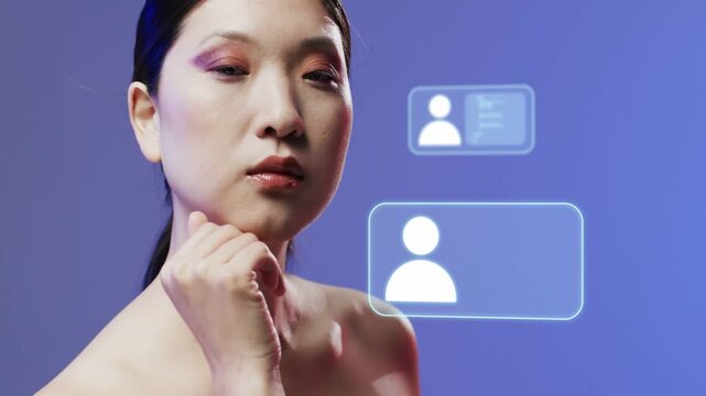 Holographic cards appearing and drifting in, female model raising gaze and lifting head for IT demo