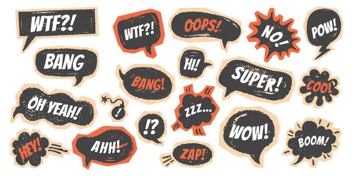 Set of comic speech bubbles with expression words like wow bang and boom in a pop art style