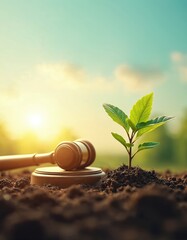 Naklejka premium Law gavel rests on soil near tiny green plant sprout. Symbolizes environmental law protection and sustainable growth. Sunlight beams on nature.