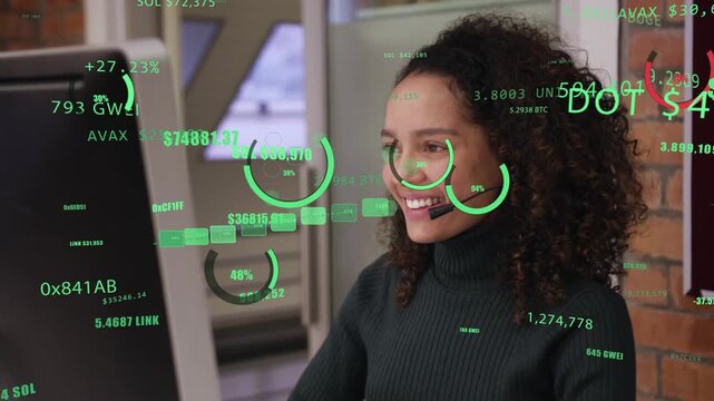 Woman gazing at screen and speaking into mic, tracking crypto data with AR aligning near face