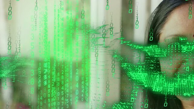 Woman at right, from left green binary digits forming 3D wave sweeping face, smiling, tech demo
