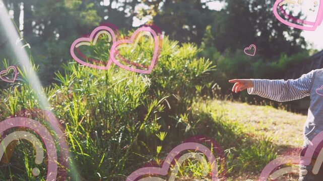 Kid entering right and pointing, pa turning, pink hearts drifting over sunbeam, showing discovery