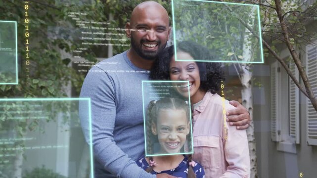 Family of three posing porch camera starting AR tech boxes code framing faces for portrait receding