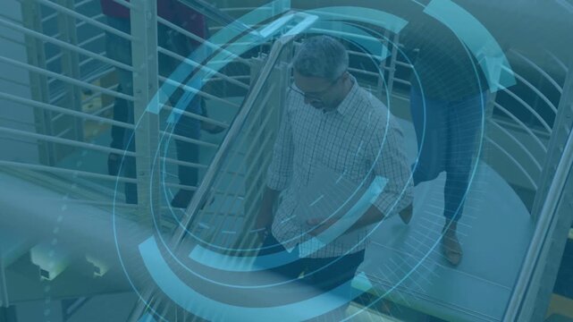 Man stepping onto mall atrium causing blue HUD appearing over man fixing shirt coffee woman passing