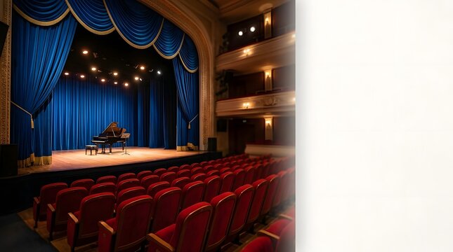 Elegant Concert Hall Stage with Piano Under Blue Curtains
