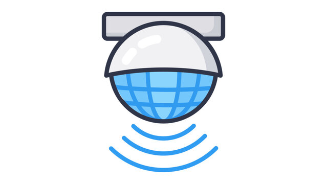 Modern flat vector icon illustration of a motion sensor on a white background, featuring a round dome with a blue grid and signal waves for smart home security and automation technology.