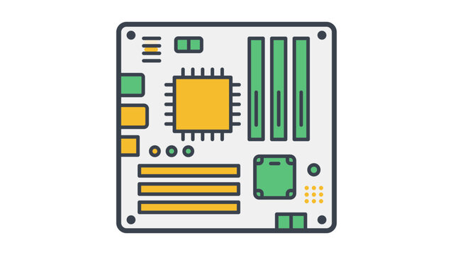 Motherboard vector icon illustration, modern flat design of a computer mainboard with CPU, RAM slots, and circuit components, scalable digital hardware graphic isolated on white background.