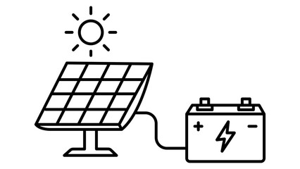 Solar Panel and Battery Storage System Editable Stroke Vector Icon. Minimalist Black Line Illustration of Renewable Energy, Sun Power, and Electric Charging for Sustainable Green Technology Graphics. © Md