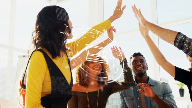 Woman in yellow raising arm, team joining, HUD laptop icon aligning with high-five for business win
