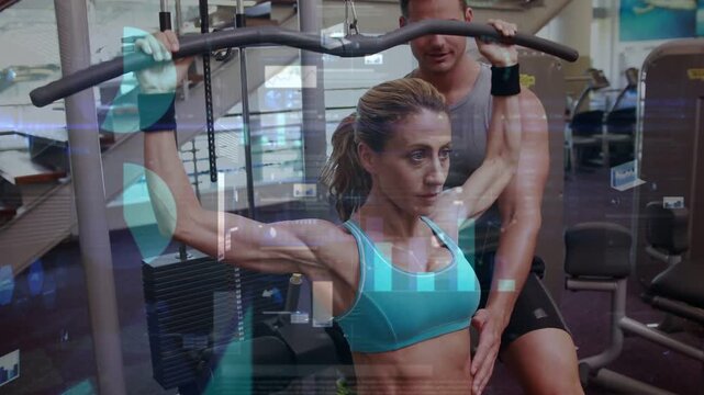 Trainer placing hand, client pulling lat pulldown bar in gym, guiding form with teal HUD overlays