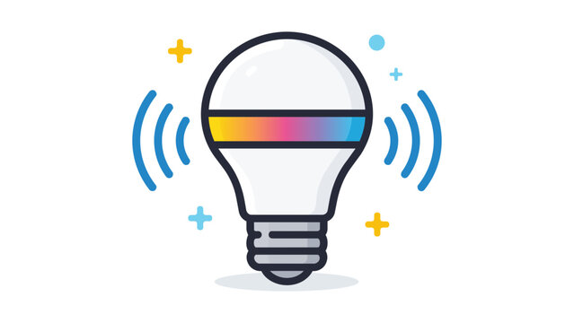 Smart LED light bulb vector icon illustration. A modern flat design of a round smart bulb with a colorful rainbow band and wireless signal waves, isolated on a white background for smart home tech.