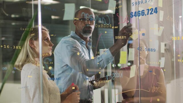 Team of three planning at glass, lead pointing placing yellow notes, overlays highlighting metrics