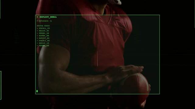 Football player holding ball while green overlay appearing, adjusting grip, raising head for sports