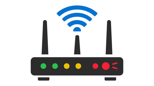 Wireless Router Vector Icon Illustration. A modern flat design of a wifi router with three antennas and blue signal waves. Perfect for technology, internet, and networking concepts. Scalable SVG.