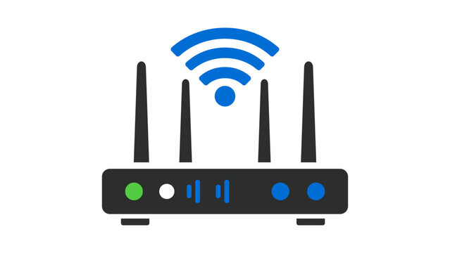 Modern flat vector icon illustration of a wireless wifi router with four antennas and signal waves. High-speed internet connection device for home and office networking technology.
