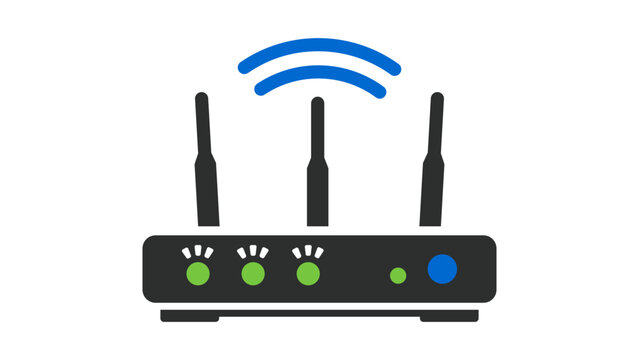 Modern wireless router vector icon illustration with three antennas and blue wifi signal waves. Flat design representing internet connectivity, networking, and high-speed broadband technology.