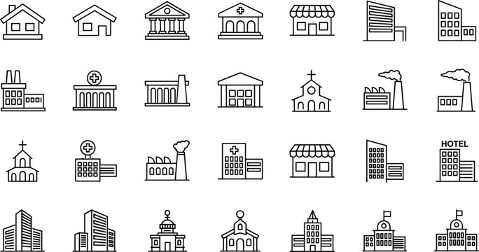 Public buildings line icons set government hospital school church hotel office architecture outline vector symbols collection