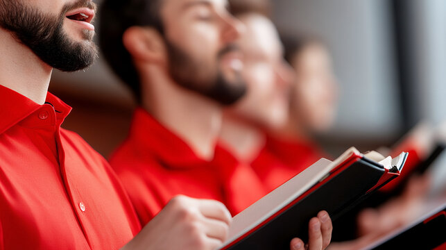 Group of caucasian male adults singing in red shirts