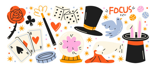 Magic trick elements in retro cartoon style. Magician performance props: playing cards, wand, top hat, rabbit, dice, crystal ball, coins. Stage illusion elements, classic magic tricks, circus show © Limpreom