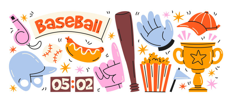 Baseball game elements in retro cartoon style. Sports elements: bat, ball, helmet, glove, whistle, scoreboard, trophy, fan hand, cap. Match day objects, team support and stadium items