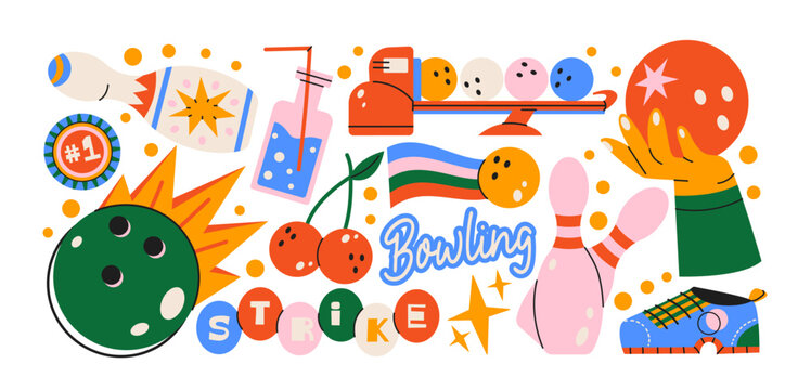 Bowling game stickers in retro cartoon style. Bowling ball, pins, strike lettering, sport shoes, soda drink, cherries and arcade elements. Fun bowling club graphics, sporty entertainment shapes