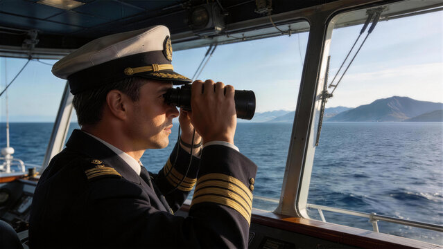 Vantage Point on the Vessel: An experienced captain, in a navy blue uniform, peers through binoculars from the bridge of a vessel, the boundless ocean stretches ahead.