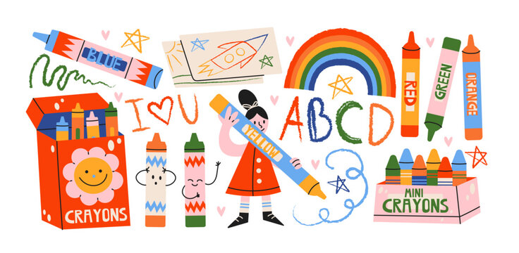 Kids drawing crayons stickers in retro cartoon style. Rainbow, colorful pencils, doodles, school supplies, cute child character and sketch elements. Creative kindergarten graphics, preschool art shape