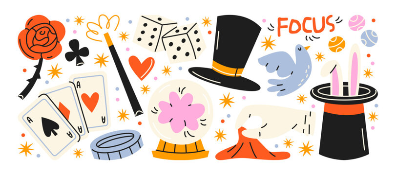 Magic trick elements in retro cartoon style. Magician performance props: playing cards, wand, top hat, rabbit, dice, crystal ball, coins. Stage illusion elements, classic magic tricks, circus show
