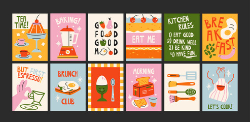 Fototapeta premium Kitchen posters with food quotes cooking elements in retro cartoon style. Wall decor: coffee, toast, eggs, utensils with bold shapes and playful typography. breakfast cooking routine, kitchen rules 