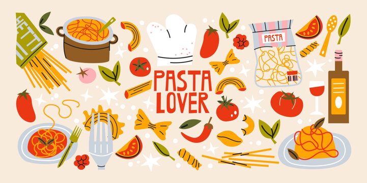Italian pasta food stickers in retro cartoon style. Spaghetti, tomatoes, wine bottle, chef hat, italian pasta, macaroni and cooking ingredients. Mediterranean kitchen graphics, italian dinner elements