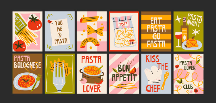 Italian pasta posters in retro cartoon style. Spaghetti, ravioli, chef hat, tomatoes, wine bottle and italian typography cards. Mediterranean kitchen prints, cozy pasta cafe postcards