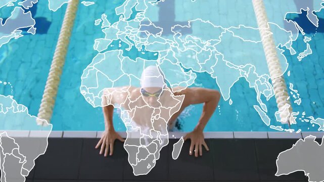 Vertical video: Male swimmer pushing up at pool edge as world map overlay expands for fitness