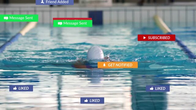 Woman swimming in lane pushing forward starting social notifications clustering fading for training