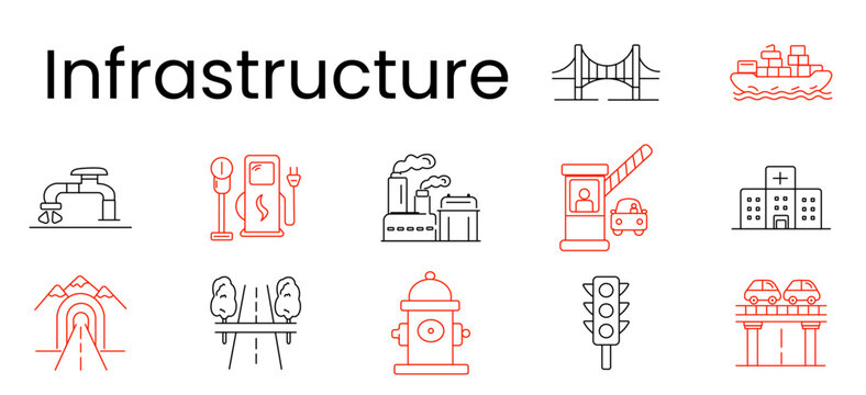 Infrastructure set icon. Bridge, ship, fuel pump, factory, tollgate, hospital, tunnel, road, hydrant, trafficlight, overpass, transport, utility, city, public service, logistics