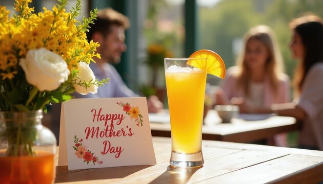 Table set for Mother Day brunch outdoors with mimosa cocktail, flowers, and greeting card. People socialize in background at restaurant patio.