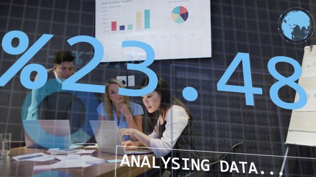 Lead analyst typing on laptop causing HUD and percentage overlays while team verifying sales charts