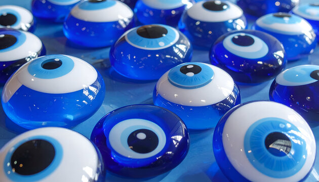 Collection of Blue Evil Eye Charms Scattered on a Surface.