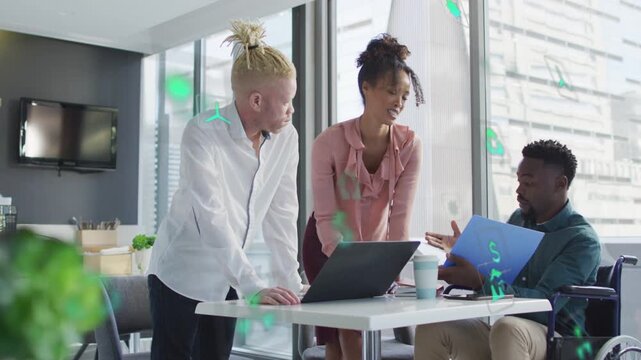 Team of three leaning over laptop woman pointing folder presenting business plan with AR icons