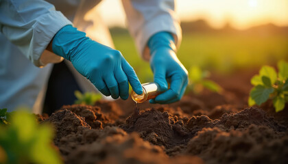 Naklejka premium Scientist in blue gloves analyzes soil sample in field at sunset. Researcher studies dirt for agriculture growth and plant health. Fieldwork examines earth for farming.
