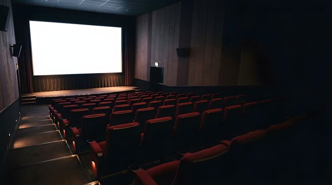 Dimly Lit Movie Theater Interior Empty Red Seats Screen